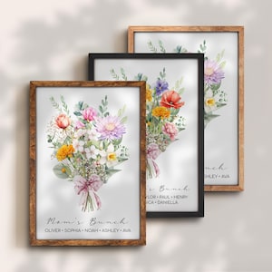 May include: Three framed watercolor floral prints with the text "Mom's Bunch" and a list of names below the bouquet. The frames are in brown, black, and brown wood.