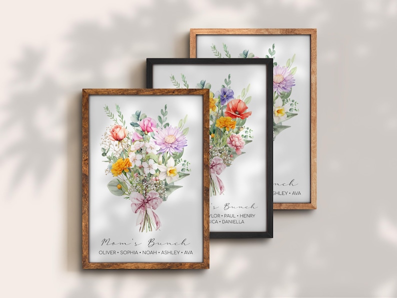 May include: Three framed watercolor floral prints with the text "Mom's Bunch" and a list of names below the bouquet. The frames are in brown, black, and brown wood.