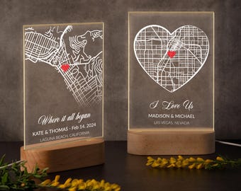 Custom Couple Map Night Light, Personalized Gifts for Her, Custom Our First Date Acrylic Plaque, Where It All Began Location Plaque
