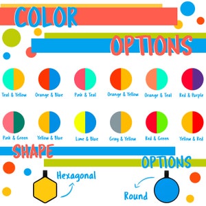 May include: A chart with color and shape options for a design. The color options include teal and yellow, orange and blue, pink and teal, orange and yellow, orange and teal, red and purple, pink and green, yellow and blue, lime and blue, gray and yellow, red and green, and yellow and red. The shape options include hexagonal and round.