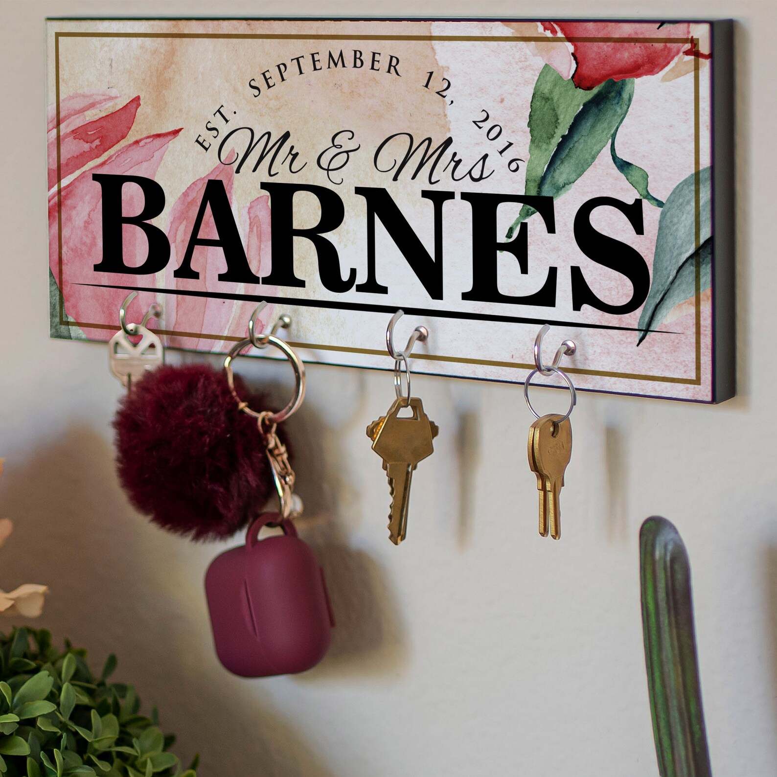 Personalized Key Hanger for Wall w/ 12 Floral Design Options Etsy