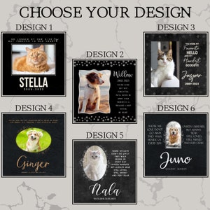 May include: A collage of six different pet memorial designs. Each design features a black background with a white border and a photo of a pet. The designs include quotes about remembering pets and the pet's name and dates.