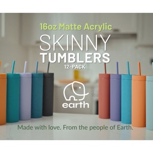 BLANK Tumbler with Straw - Bridesmaid Gifts, Skinny Tumblers (12 Pack) 16 Oz. Matte Pastel Colored Acrylic Tumblers with Lids and Straws
