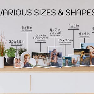 May include: Various sizes and shapes of photo prints are displayed, including 3.5 x 3.5 in, 4 x 4 in, 5 x 5 in, 5 x 7 in (horizontal and vertical), 6 x 6 in, and 8 x 8 in. The prints are of varying thicknesses, with images of people and events.