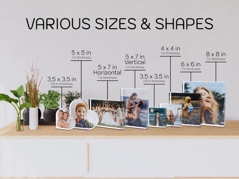 May include: Various sizes and shapes of photo prints are displayed, including 3.5 x 3.5 in, 4 x 4 in, 5 x 5 in, 5 x 7 in (horizontal and vertical), 6 x 6 in, and 8 x 8 in. The prints are of varying thicknesses, with images of people and events.