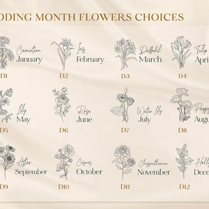 Op de afbeelding: Een grafiek die de beste bloemen voor elke maand van het jaar laat zien. De grafiek is verdeeld in 12 secties, &eacute;&eacute;n voor elke maand. Elke sectie bevat een lijntekening van een bloem en de naam van de bloem en de maand. De bloemen zijn: Anjer (januari), Iris (februari), Narcis (maart), Tulp (april), Lelie (mei), Roos (juni), Waterlelie (juli), Papaver (augustus), Aster (september), Cosmos (oktober), Chrysant (november) en Hulst (december).