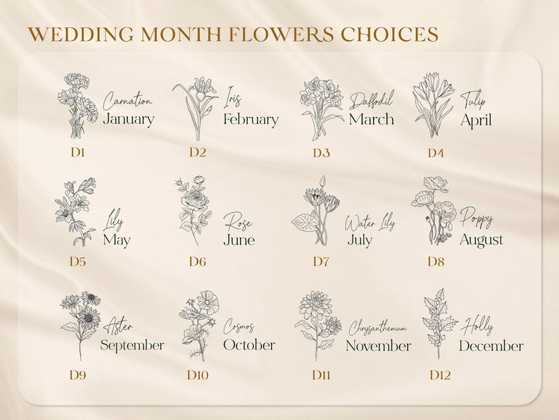 Op de afbeelding: Een grafiek die de beste bloemen voor elke maand van het jaar laat zien. De grafiek is verdeeld in 12 secties, &eacute;&eacute;n voor elke maand. Elke sectie bevat een lijntekening van een bloem en de naam van de bloem en de maand. De bloemen zijn: Anjer (januari), Iris (februari), Narcis (maart), Tulp (april), Lelie (mei), Roos (juni), Waterlelie (juli), Papaver (augustus), Aster (september), Cosmos (oktober), Chrysant (november) en Hulst (december).