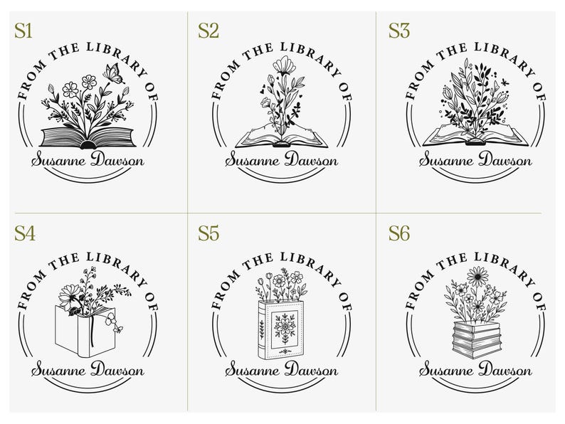 May include: A collection of six black and white circular designs featuring the text "FROM THE LIBRARY OF" and the name "Susanne Dawson". Each design includes an open book or stack of books with floral elements. One design has a butterfly.