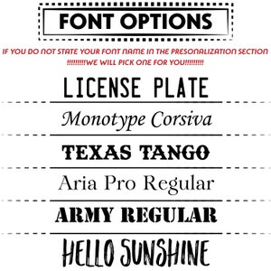 May include: A black and white image with the text "FONT OPTIONS" in a bold, black font. Below the text, there is a list of font names, including "Monotype Corsiva", "TEXAS TANGO", "Aria Pro Regular", "ARMY REGULAR", and "HELLO SUNSHINE".