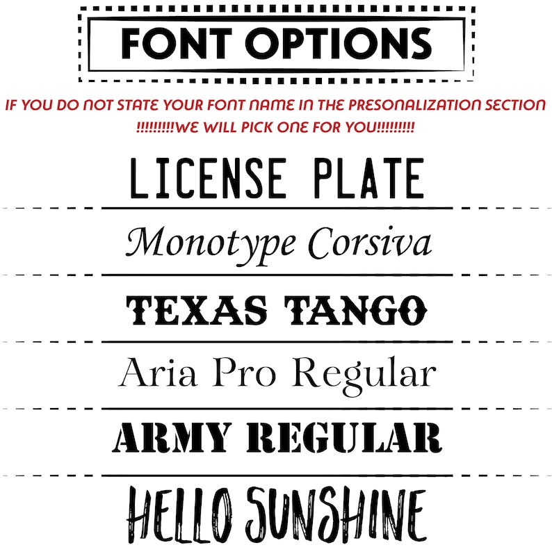 May include: A black and white image with the text "FONT OPTIONS" in a bold, black font. Below the text, there is a list of font names, including "Monotype Corsiva", "TEXAS TANGO", "Aria Pro Regular", "ARMY REGULAR", and "HELLO SUNSHINE".