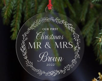 First Christmas Married Ornament Mr & Mrs - Clear Acrylic - Personalized Christmas Tree Ornament 2022 - Gift for the Couple - Wedding Gift