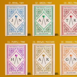 May include: A collection of six wedding invitation designs. Each card features a unique color scheme, decorative borders, and a central diamond with initials and a heart-shaped design. The text "THE PERFECT MATCH" and the date "30 JUNE 2025" are also included.
