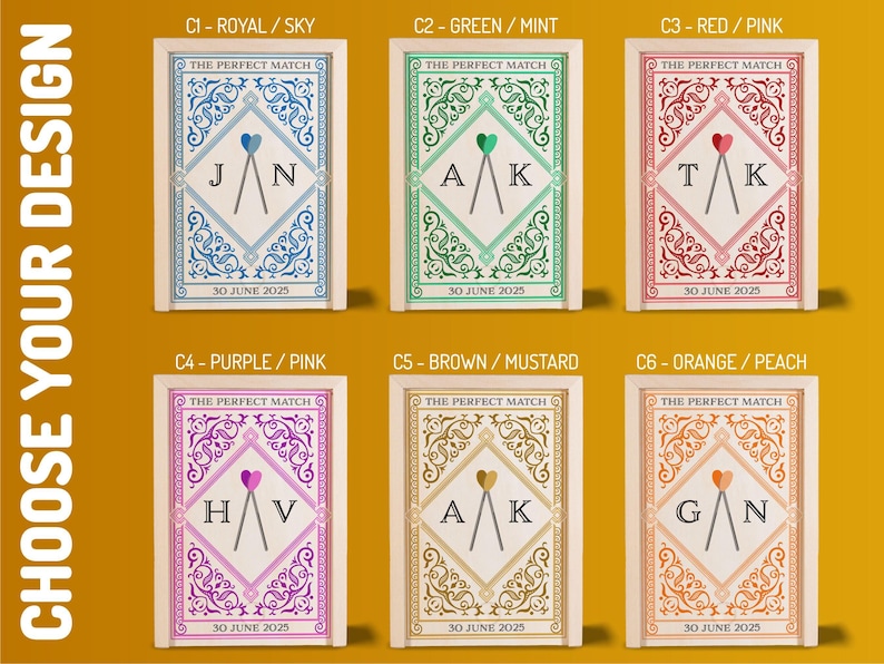 May include: A collection of six wedding invitation designs. Each card features a unique color scheme, decorative borders, and a central diamond with initials and a heart-shaped design. The text "THE PERFECT MATCH" and the date "30 JUNE 2025" are also included.