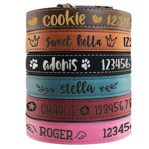 Dog Collar Personalized - Custom Leather Dog Collar w/ Dog's Name, Phone Number & Cute Icons - 6 Colors - Pet Gift