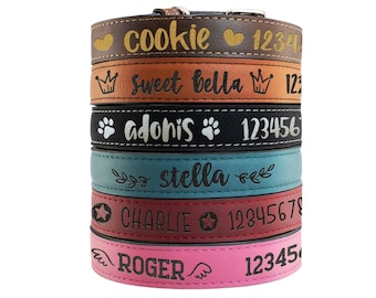 Dog Collar Personalized - Custom Leather Dog Collar w/ Dog's Name, Phone Number & Cute Icons - 6 Colors - Pet Gift