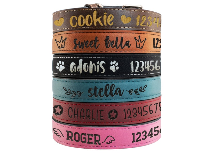 Dog Collar Personalized - Custom Leather Dog Collar w/ Dog's Name, Phone Number & Cute Icons - 6 Colors - Pet Gift 