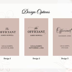 May include: Three design options for wedding officiant cards. Each design features the word "OFFICIANT" and a name, along with the names of the couple and the wedding date. The designs are on a blush pink background.