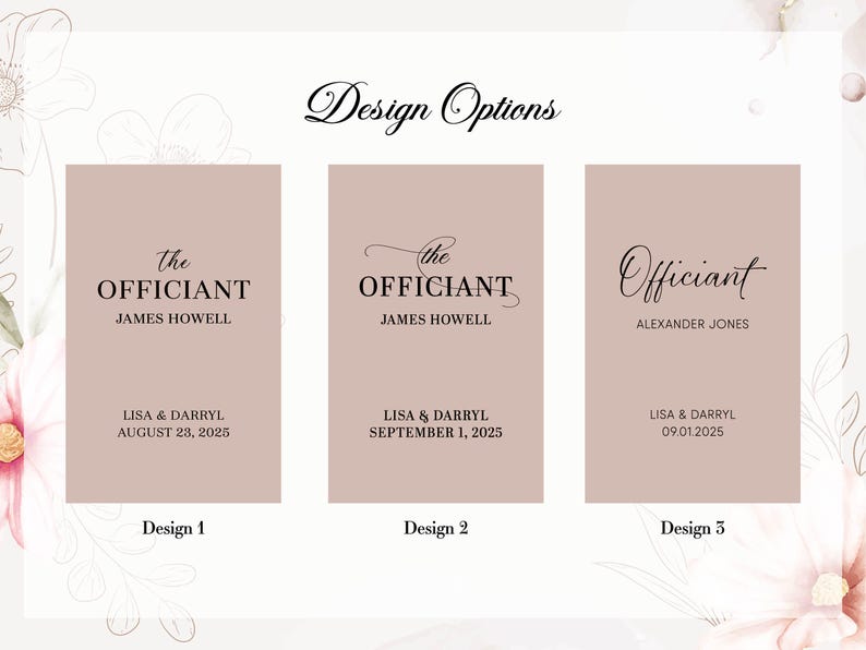 May include: Three design options for wedding officiant cards. Each design features the word "OFFICIANT" and a name, along with the names of the couple and the wedding date. The designs are on a blush pink background.