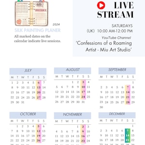 Pode incluir: Um planejador de calend&aacute;rio com fundo azul claro e um esquema de cores rosa e amarelo. O calend&aacute;rio &eacute; para os meses de julho, agosto, setembro, outubro, novembro e dezembro de 2024. O calend&aacute;rio destaca o dia 6 de julho, o dia 10 de agosto, o dia 7 de setembro, o dia 5 de outubro, o dia 9 de novembro e o dia 7 de dezembro. O texto "SILK PAINTING PLANER" est&aacute; no topo do calend&aacute;rio. O texto "WEEKLY LIVE STREAM" est&aacute; no canto superior direito do calend&aacute;rio. O texto "SATURDAYS (UK) 10:00 AM-12:00 PM" est&aacute; abaixo do texto "WEEKLY LIVE STREAM". O texto "YouTube Channel 'Confessions of a Roaming Artist - Miu Art Studio'" est&aacute; abaixo do texto "SATURDAYS (UK) 10:00 AM-12:00 PM".
