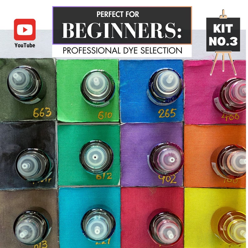 May include: A set of nine dye bottles, each with a different color, arranged in a grid pattern. The bottles are labeled with numbers, and the colors include black, green, blue, purple, orange, red, and yellow. The bottles are labeled with numbers, and the colors include black, green, blue, purple, orange, red, and yellow. The set is labeled "Kit No. 3" and is described as "Perfect for Beginners: Professional Dye Selection".