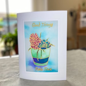 Biglietti d'auguri unici in seta dipinti a mano - Formato A5, disegni di cactus carini, unici nel loro genere