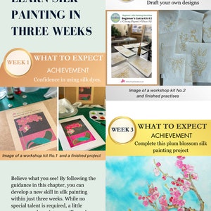 May include: A three-week course on silk painting. The course includes three kits, each with a different project. The first kit is a pink orchid, the second kit is a butterfly, and the third kit is a plum blossom. The course is designed to help you learn the basics of silk painting and develop your skills.