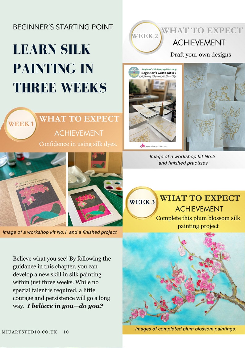 May include: A three-week course on silk painting. The course includes three kits, each with a different project. The first kit is a pink orchid, the second kit is a butterfly, and the third kit is a plum blossom. The course is designed to help you learn the basics of silk painting and develop your skills.