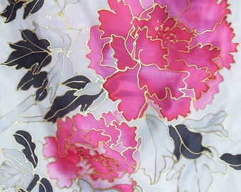 Pink Peony Silk Scarf - Made to Order - Chinese Ink Style - Original Hand Made Woman Scarf