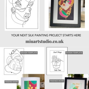 Pode incluir: Quatro desenhos de arte de linha em preto e branco para projetos de pintura em seda. Os desenhos incluem um rosto, uma planta em vaso, uma suculenta em vaso com o texto "Good Things Take Time", e uma suculenta em vaso com o texto "Stay Sharp".