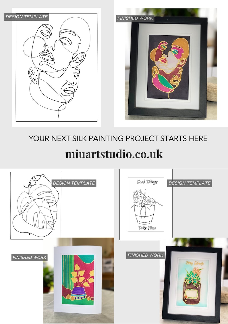 Pode incluir: Quatro desenhos de arte de linha em preto e branco para projetos de pintura em seda. Os desenhos incluem um rosto, uma planta em vaso, uma suculenta em vaso com o texto "Good Things Take Time", e uma suculenta em vaso com o texto "Stay Sharp".