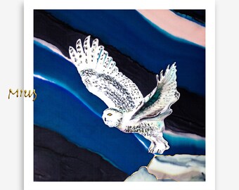 シロフクロウの飛び立つシルク絵画アートプリント - アーティストスタジオローカルプリント