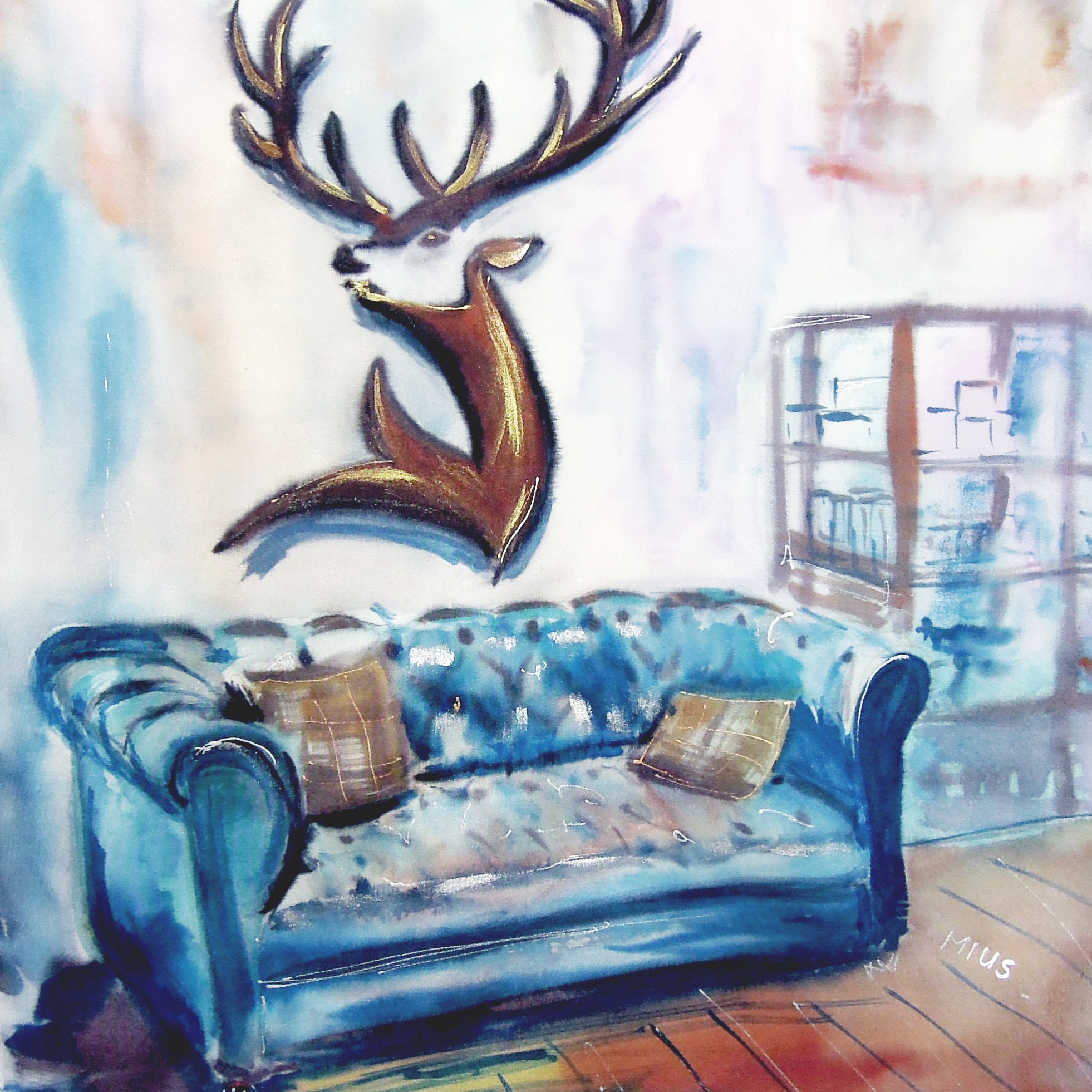 Blue Vintage Sofa Painting Dad's Gift Artist Signed Etsy