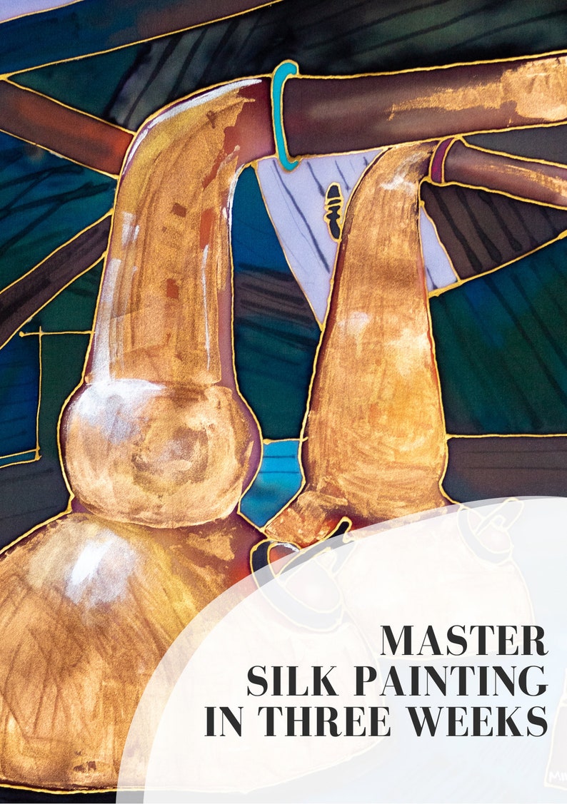 May include: A close-up of a silk painting depicting two golden vessels connected by a turquoise pipe. The painting is titled "Master Silk Painting in Three Weeks".