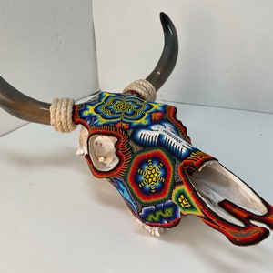 Colorful Huichol Art 9&quot; Cow Skull Sculpture