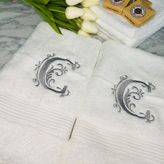 Monogrammed White Cotton Bath and Hand Towels