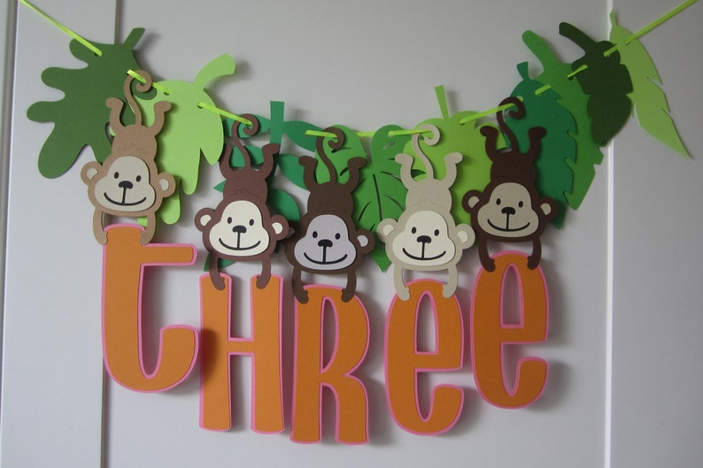 Monkey theme banner, jungle 3rd birthday, safari theme, monkeys, Highchair banner, zoo party image 3