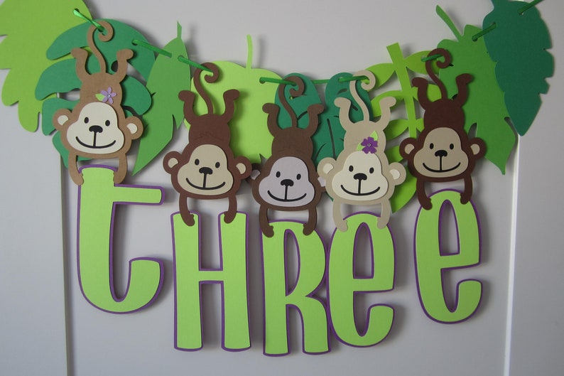 Monkey theme banner, jungle 3rd birthday, safari theme, monkeys, Highchair banner, zoo party image 2