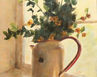 Old Coffee Pot in Window Original 12x16