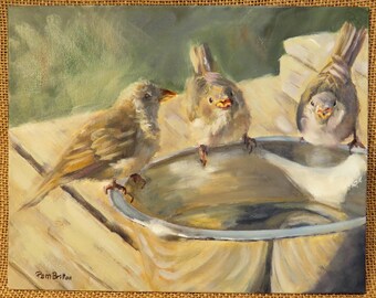 Sparrows  on the Water Dish 8x10 Original Oils