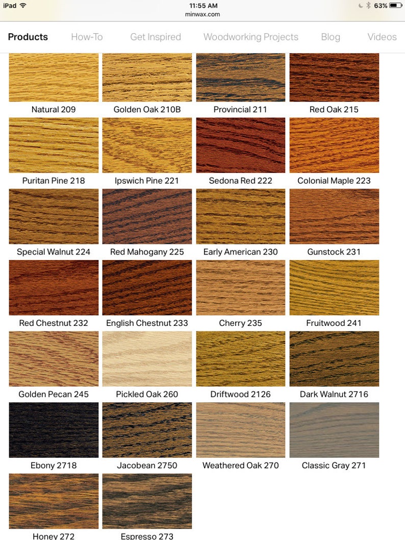 May include: A chart of 24 wood stain colors from Minwax. The colors are arranged in a grid of 6 rows and 4 columns. Each color is labeled with a name and a number. The colors range from light to dark, and from warm to cool.