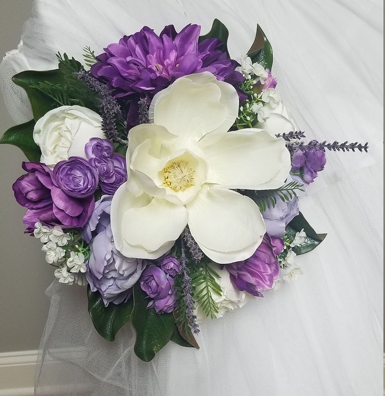 Silk Flowers,Wedding,Bridal Bouquet,Lilac,Off White Roses,Anemones,Dark Purple,Dahlia,Lavender,Magnolia,Peonies,Beige,Greenery,Ivory,Violet