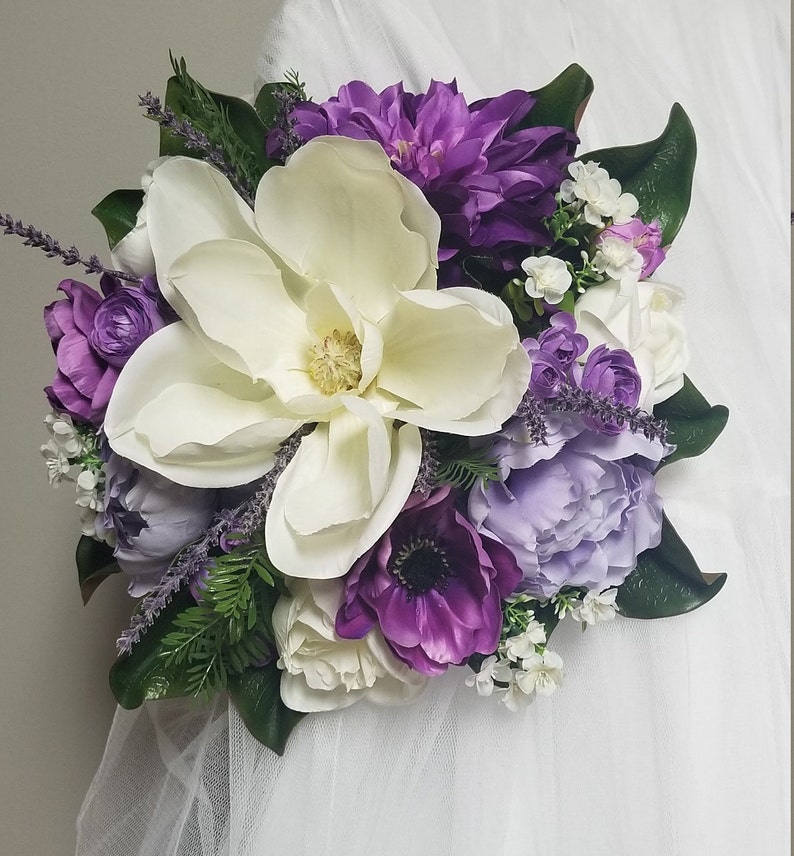 Silk Flowers,Wedding,Bridal Bouquet,Lilac,Off White Roses,Anemones,Dark Purple,Dahlia,Lavender,Magnolia,Peonies,Beige,Greenery,Ivory,Violet
