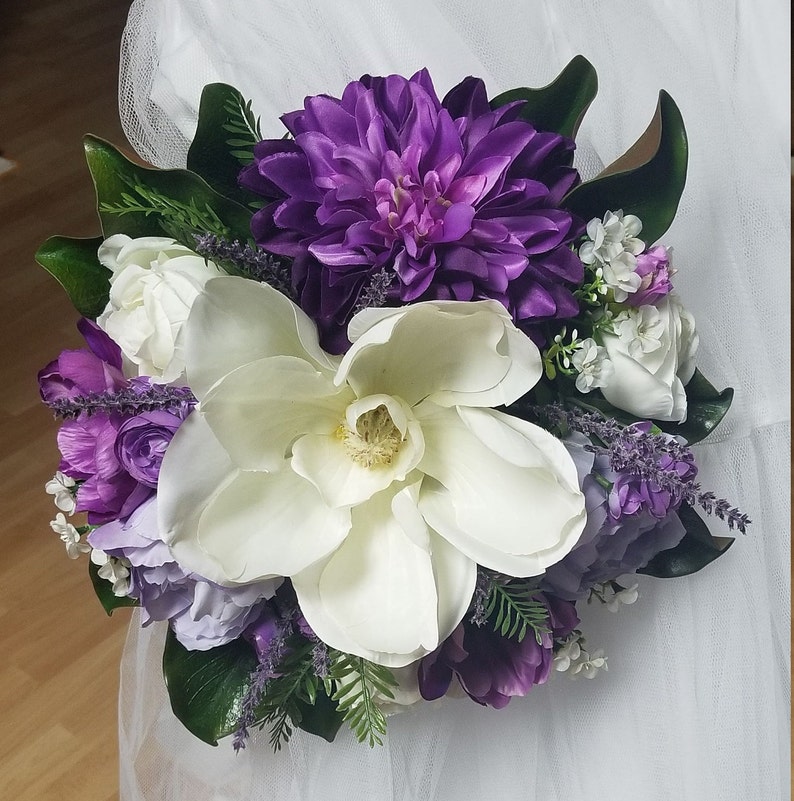 Silk Flowers,Wedding,Bridal Bouquet,Lilac,Off White Roses,Anemones,Dark Purple,Dahlia,Lavender,Magnolia,Peonies,Beige,Greenery,Ivory,Violet