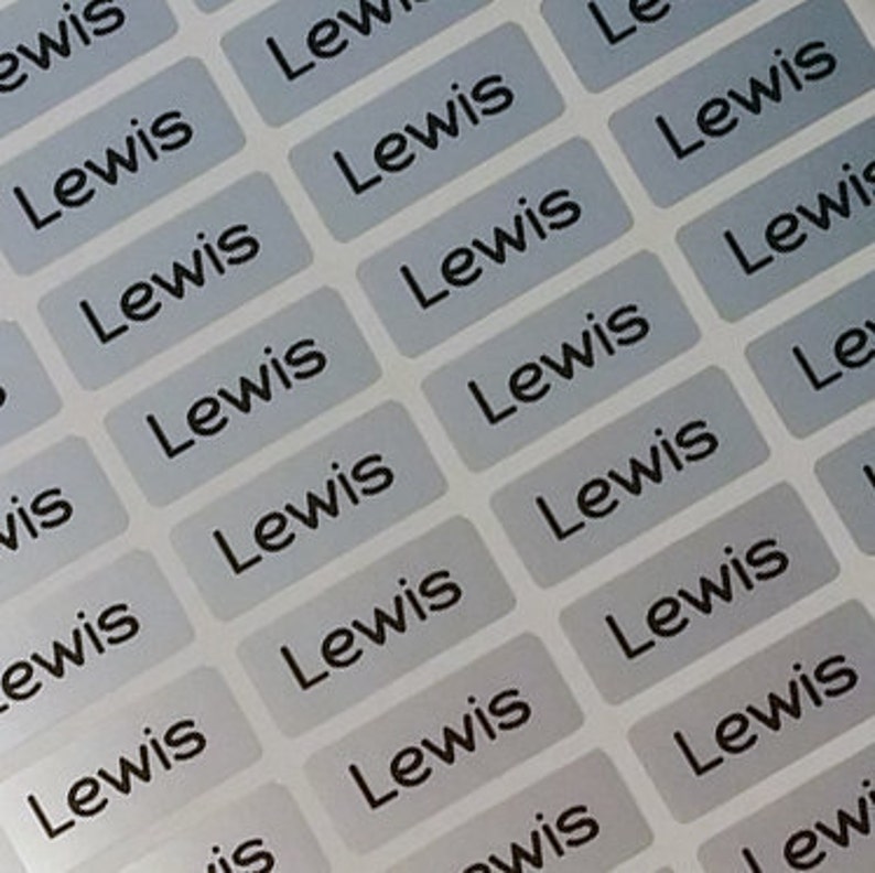 May include: A sheet of rectangular labels with the name "Lewis" printed in a sans-serif font. The labels are in shades of gray and white, arranged in a grid pattern. The text is centered on each label.