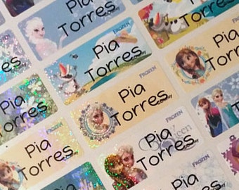 Étiquettes de nom imperméables, nom, autocollants personnalisés, Disney Frozen, Glittery, autocollant scintillant, autocollants pailletés, autocollants de bouteille, MOYEN