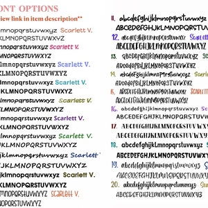 May include: A list of 20 font options for a design project. Each font is displayed in lowercase and uppercase letters, with the name of the font and the designer's name, Scarlett V., listed next to each font.