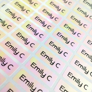 May include: A sheet of iridescent holographic labels with the name "Emily C" printed in black on each label.