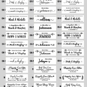May include: A collection of wedding-themed labels with various text designs in black font. The labels include phrases like "Happily Ever After," "Best Day Ever," and names like "Mark & Hayley." The labels are on a white background.