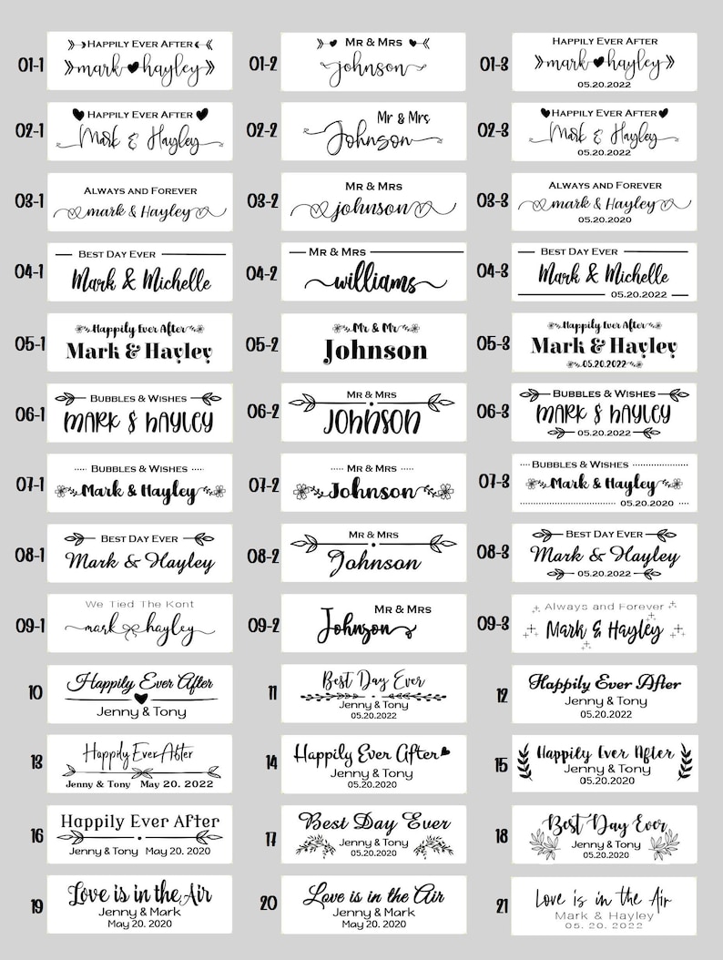 May include: A collection of wedding-themed labels with various text designs in black font. The labels include phrases like "Happily Ever After," "Best Day Ever," and names like "Mark & Hayley." The labels are on a white background.