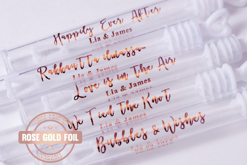 Rose Gold Foil Labels, Personalized Wedding Labels, Custom Wedding Stickers, Bubble Wand Label, Rose Gold Clear, Wedding Bubble Labels